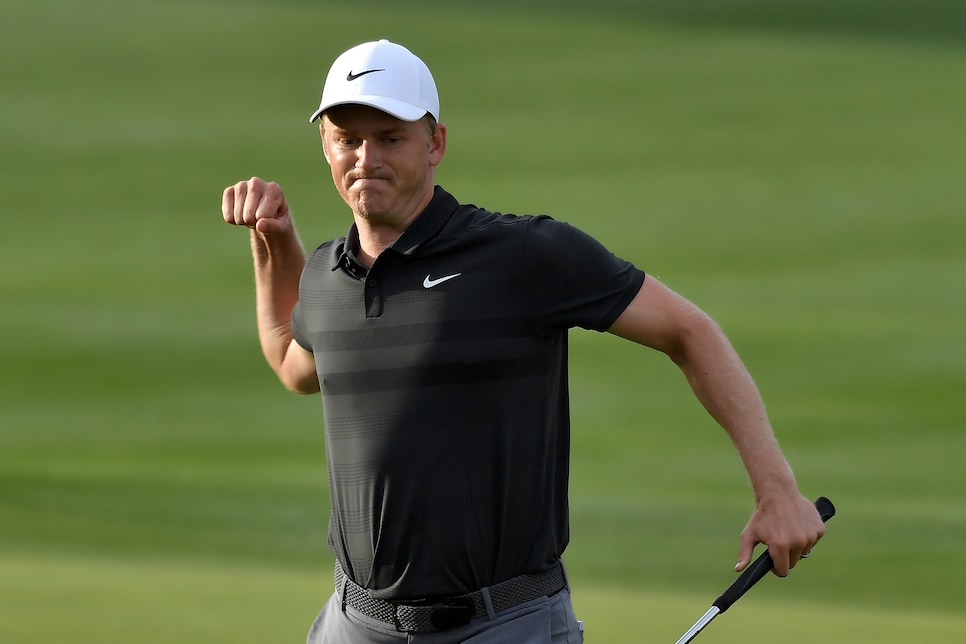 LA QUINTA, CALIFORNIA - JANUARY 20: Adam Long of the United States celebrates after making the winning putt on the 18th green during the final round of the Desert Classic at the Stadium Course on January 20, 2019 in La Quinta, California. (Photo by Donald Miralle/Getty Images)