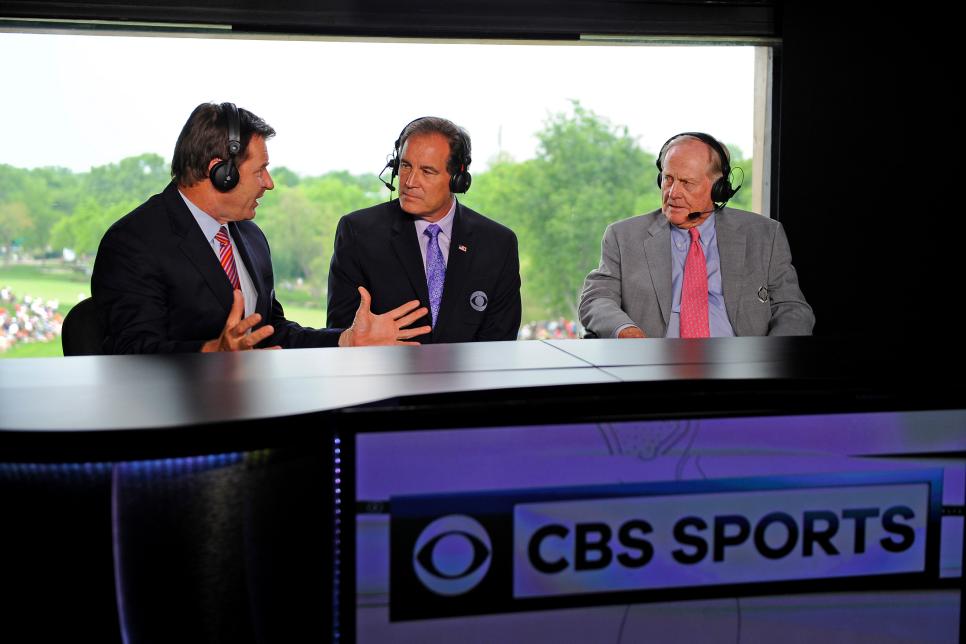 DUBLIN, OHIO - JUNE 04:  Tournament Host Jack Nicklaus Visits the CBS broadcast set with Nick Faldo and Jim Nantz during the third round of the Memorial Tournament presented by Nationwide at Muirfield Village Golf Club on June 4, 2016 in Dublin, Ohio. (Photo by Chris Condon/PGA TOUR)