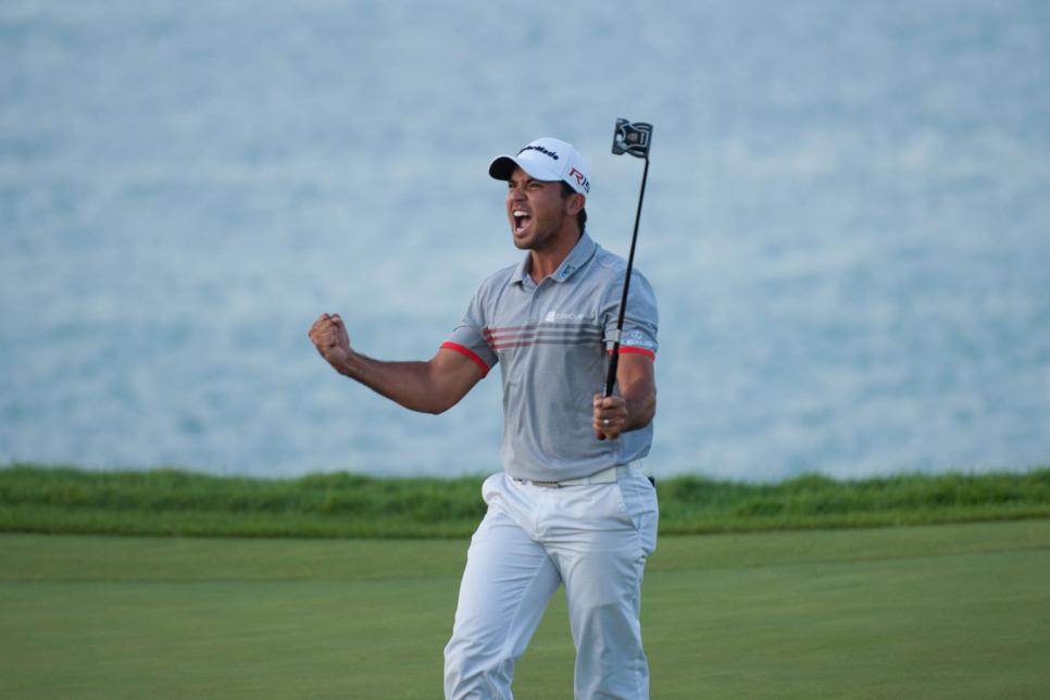 SHEBOYGAN, WISCONSIN - AUGUST 15: Jason Day celebrates making his putt on the seventeenth hole during Round Three at the 97th PGA Championship at Whistling Straits on August 15, 2015 in Sheboygan, WI. (Photo by Montana Pritchard/The PGA of America via Getty Images)