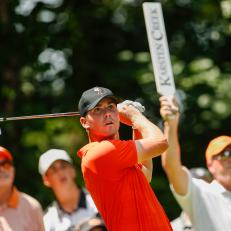 STILLWATER, OK - MAY 30: Matthew Wolff of Oklahoma State watches a shot from the fairway Davis Riley watches on during the Division I Men\'s Golf Team Match Play Championship held at the Karsten Creek Golf Club on May 30, 2018 in Stillwater, Oklahoma. (Photo by Shane Bevel/NCAA Photos via Getty Images)