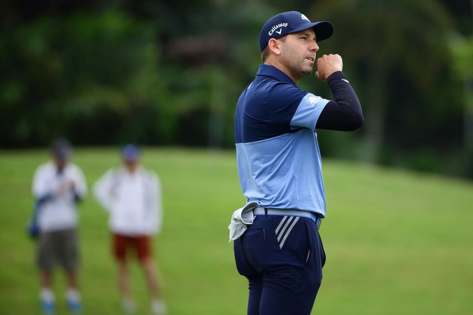 SINGAPORE - JANUARY 19:  Sergio Garcia of Spain reacts after failijng to putt during round 2 suspended due to heavy showers on day 3 during the SMBC Singapore Open at The Serapong, Sentosa Golf Club on January 19, 2019 in Singapore.  (Photo by Suhaimi Abdullah/Getty Images)
