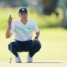 HONOLULU, HI - JANUARY 10: Jordan Spieth of the United States lines up for a putt on the 14th green during the first round of the Sony Open In Hawaii at Waialae Country Club on January 10, 2019 in Honolulu, Hawaii. (Photo by Masterpress/Getty Images)