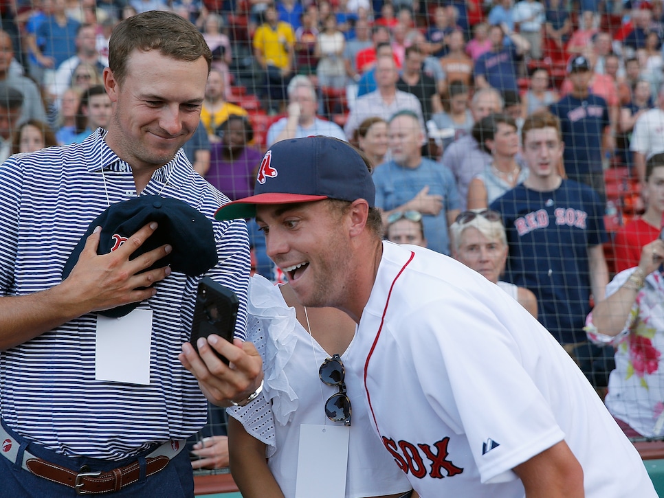 Justin Thomas Throws First Pitch At Boston Red Sox Game