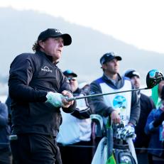PEBBLE BEACH, CALIFORNIA - FEBRUARY 10:  Phil Mickelson of the United States plays his shot from the 14th tee during the final round of the AT&T Pebble Beach Pro-Am at Pebble Beach Golf Links on February 10, 2019 in Pebble Beach, California. (Photo by Cliff Hawkins/Getty Images)