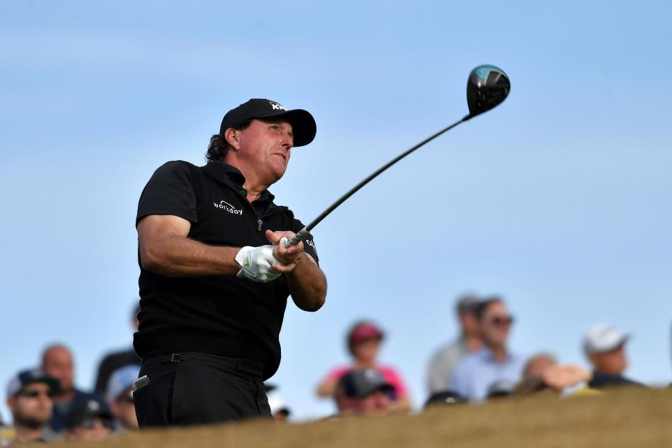 LA QUINTA, CALIFORNIA - JANUARY 20: Phil Mickelson of the United States tees off on the 16th hole during the final round of the Desert Classic at the Stadium Course on January 20, 2019 in La Quinta, California. (Photo by Donald Miralle/Getty Images)