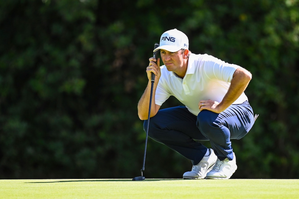 PACIFIC PALISADES, CA - FEBRUARY 16:  Michael Thompson reads his putt on the 12th hole green during the continuation of the second round of the Genesis Open at Riviera Country Club on February 16, 2019 in Pacific Palisades, California. (Photo by Keyur Khamar/PGA TOUR)