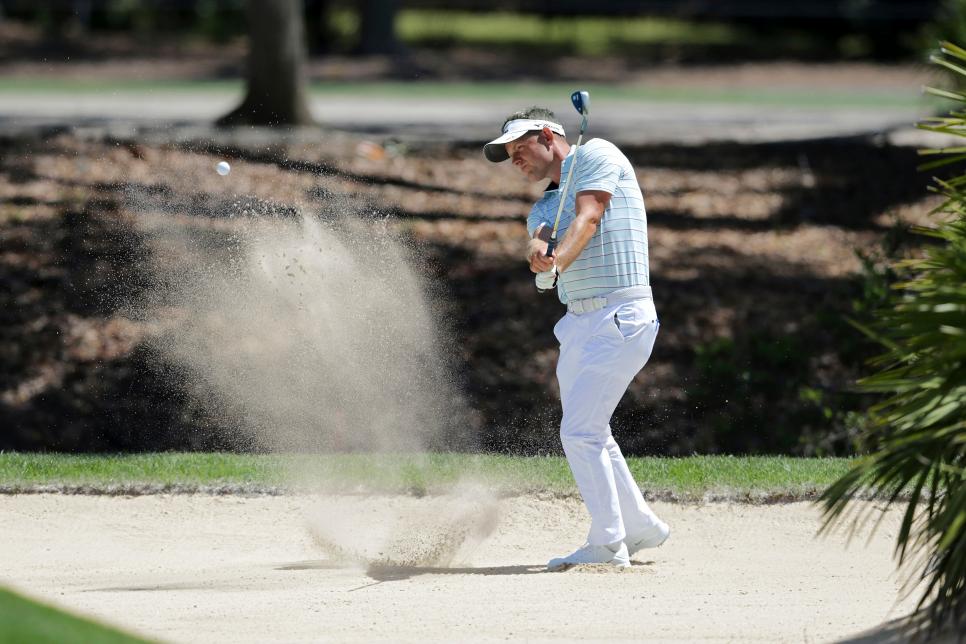 Luke Donald of England plays a shot from a greenside bunker on the seventh hole during the first round of the 2018 RBC Heritage at Harbour Town Golf Links on April 12, 2018 in Hilton Head Island, South Carolina.
