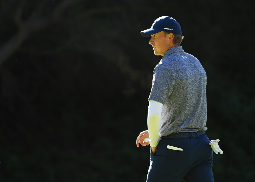 PACIFIC PALISADES, CALIFORNIA - FEBRUARY 17: Jordan Spieth walks off the 12th hole green during the continuation of the third round of the Genesis Open at Riviera Country Club on February 17, 2019 in Pacific Palisades, California. (Photo by Harry How/Getty Images)