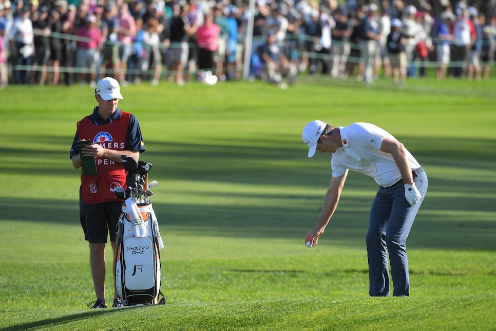 SAN DEIGO, CA - JANUARY 26: Justin Rose of England takes a knee high drop with his ball after hitting in into the pond on the 18th hole during the third round of the Farmers Insurance Open at Torrey Pines South on January 26, 2019 in San Diego, California. (Photo by Stan Badz/PGA TOUR)