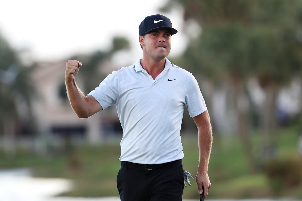 PALM BEACH GARDENS, FLORIDA - MARCH 03:  Keith Mitchell celebrates after making a birdie putt on the 18th green to win the Honda Classic at PGA National Resort and Spa on March 03, 2019 in Palm Beach Gardens, Florida. (Photo by Sam Greenwood/Getty Images)