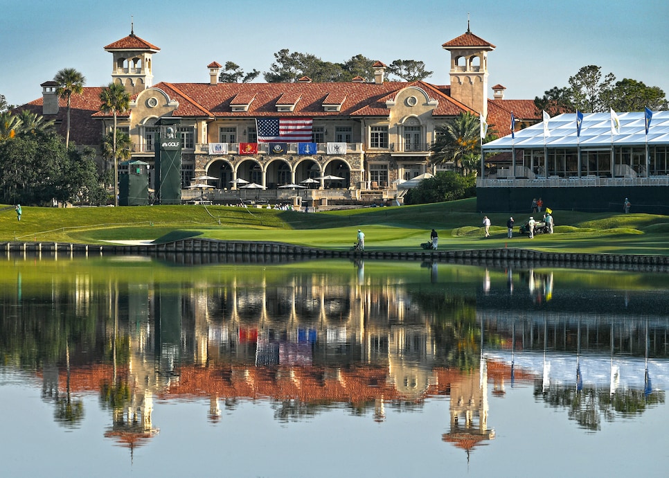 PONTE VEDRA BEACH, FL - MAY 10: (Editors Note: This image has been processed using digital filters.) A scenic view of the 18th hole and view of the Clubhouse during previews prior to the start of THE PLAYERS Championship on THE PLAYERS Stadium Course at TPC Sawgrass on May 10, 2017, in Ponte Vedra Beach. (Photo by Stan Badz/PGA TOUR)