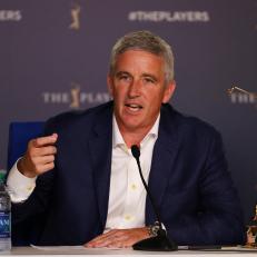 PONTE VEDRA BEACH, FLORIDA - MARCH 13:  PGA TOUR Commissioner Jay Monahan speaks to the media during a practice round for The PLAYERS Championship on The Stadium Course at TPC Sawgrass on March 13, 2019 in Ponte Vedra Beach, Florida. (Photo by Gregory Shamus/Getty Images)