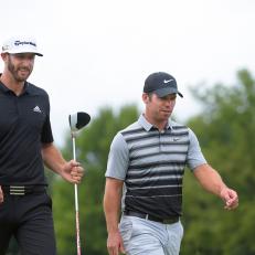 CARMEL, IN - SEPTEMBER 10: (L-R) Dustin Johnson and Paul Casey of England walks along the fourth hole during the third round of the BMW Championship at Crooked Stick Golf Club on September 10, 2016 in Carmel, Indiana. (Photo by Stan Badz/PGA TOUR)
