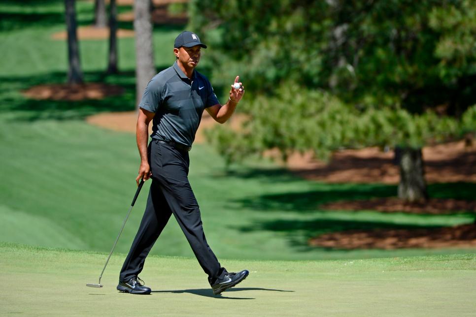 Masters champion Tiger Woods does a ball way in reaction to his made putt on Hole No. 7 green during Round 1 for the Masters at Augusta National Golf Club, Thursday, April 5, 2018. (Photo by Charles Laberge/Augusta National via Getty Images)