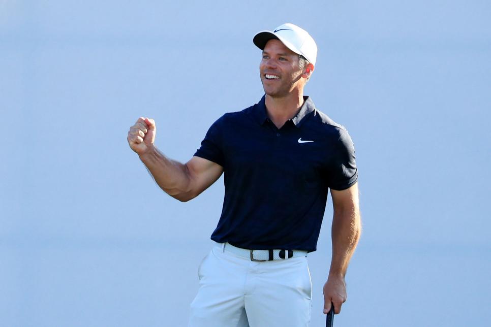 PALM HARBOR, FLORIDA - MARCH 24: Paul Casey of England celebrates on the 18th green after winning the Valspar Championship on the Copperhead course at Innisbrook Golf Resort on March 24, 2019 in Palm Harbor, Florida. (Photo by Cliff Hawkins/Getty Images)