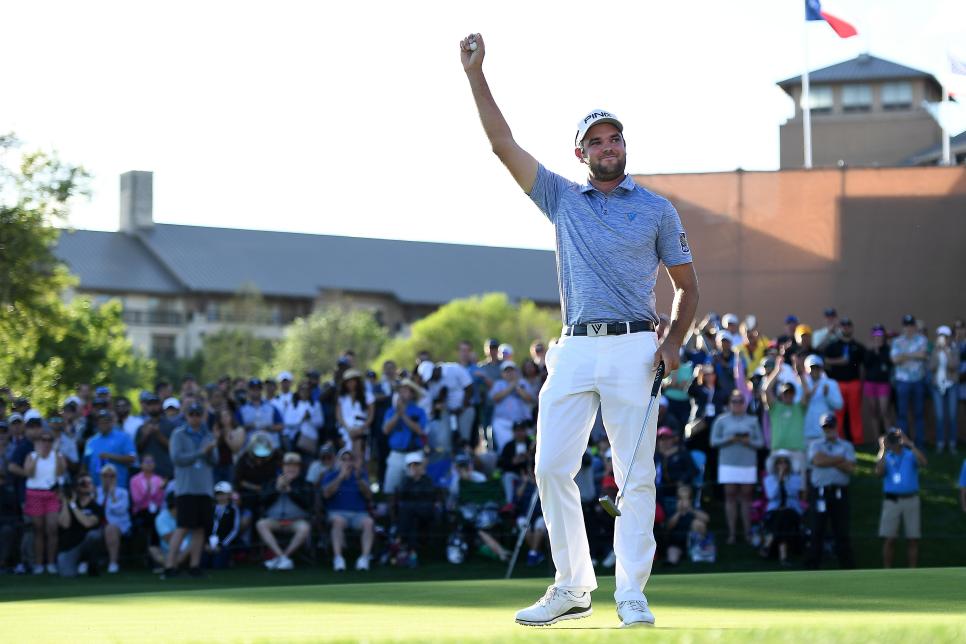 SAN ANTONIO, TEXAS - APRIL 07: Corey Conners of Canada reacts on the 18th green after winning the 2019 Valero Texas Open at TPC San Antonio Oaks Course on April 07, 2019 in San Antonio, Texas. (Photo by Stacy Revere/Getty Images)