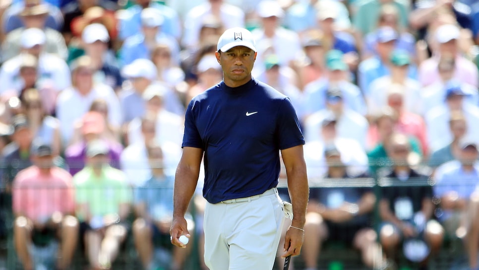 AUGUSTA, GEORGIA - APRIL 11: Tiger Woods of the United States looks on from the 15th green during the first round of the Masters at Augusta National Golf Club on April 11, 2019 in Augusta, Georgia. (Photo by Andrew Redington/Getty Images)