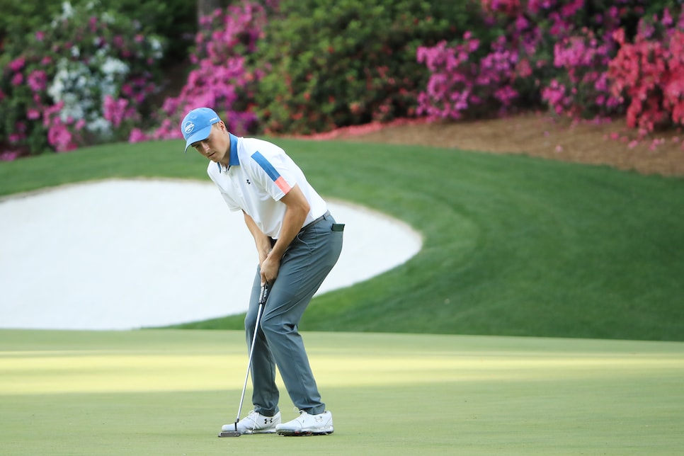 AUGUSTA, GEORGIA - APRIL 11: Jordan Spieth of the United States reacts on the 13th green during the first round of the Masters at Augusta National Golf Club on April 11, 2019 in Augusta, Georgia. (Photo by Andrew Redington/Getty Images)