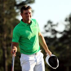 AUGUSTA, GEORGIA - APRIL 11: Bryson DeChambeau of the United States smiles on the 18th green during the first round of the Masters at Augusta National Golf Club on April 11, 2019 in Augusta, Georgia. (Photo by Mike Ehrmann/Getty Images)