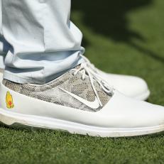 AUGUSTA, GEORGIA - APRIL 11: A detailed view of footwear worn by Rory McIlroy of Northern Ireland is seen during the first round of the Masters at Augusta National Golf Club on April 11, 2019 in Augusta, Georgia. (Photo by Mike Ehrmann/Getty Images)
