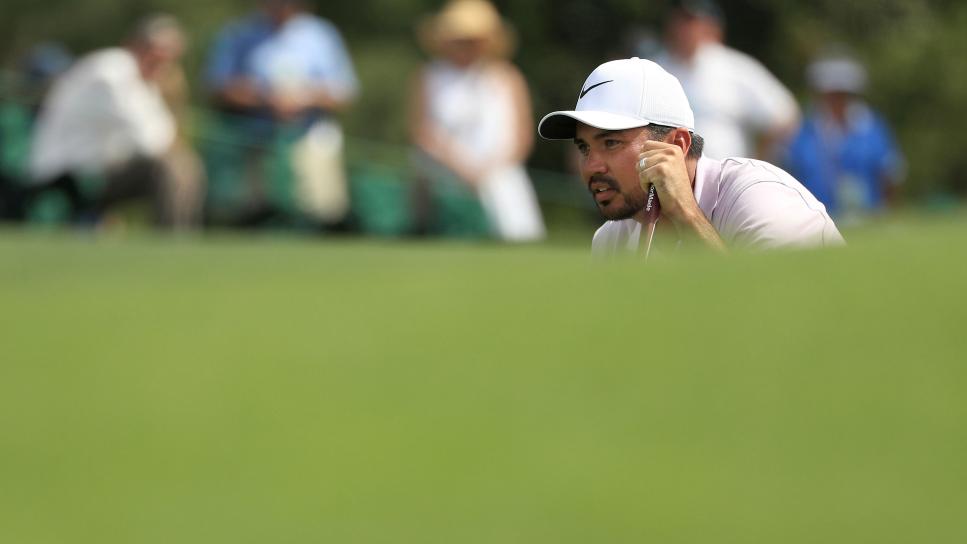 AUGUSTA, GEORGIA - APRIL 12: Jason Day of Australia lines up a putt on the 18th green during the second round of the Masters at Augusta National Golf Club on April 12, 2019 in Augusta, Georgia. (Photo by Mike Ehrmann/Getty Images)