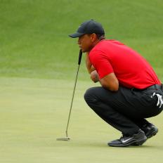 AUGUSTA, GEORGIA - APRIL 14: Tiger Woods of the United States lines up a putt on the eighth green during the final round of the Masters at Augusta National Golf Club on April 14, 2019 in Augusta, Georgia. (Photo by Kevin C. Cox/Getty Images)