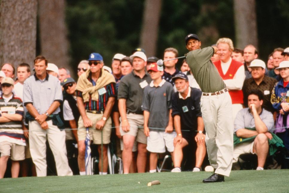 Tiger Woods Tees Off On The 15th Hole During The 1997 Masters Tournament