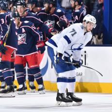 COLUMBUS, OH - APRIL 16: Anthony Cirelli #71 of the Tampa Bay Lightning reacts following a goal by the Columbus Blue Jackets during the second period in Game Four of the Eastern Conference First Round during the 2019 NHL Stanley Cup Playoffs on April 16, 2019 at Nationwide Arena in Columbus, Ohio.  (Photo by Jamie Sabau/NHLI via Getty Images)