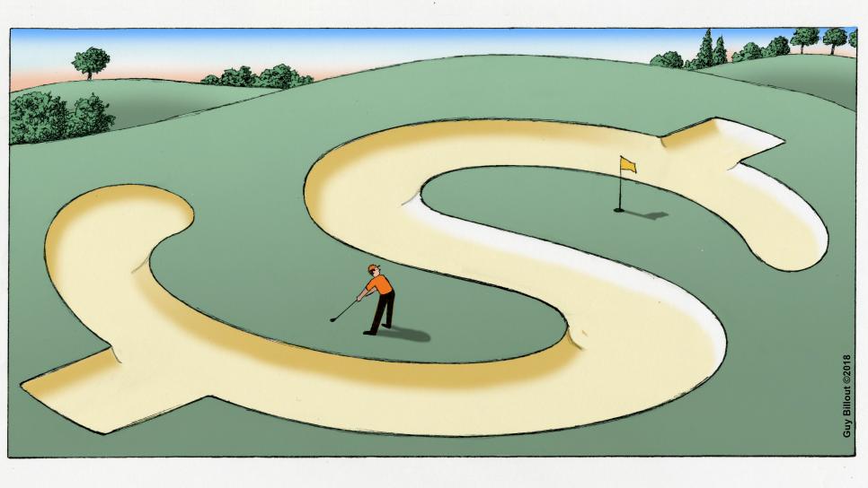 A golf player inside a sand trap in the shape of the dollar sign
