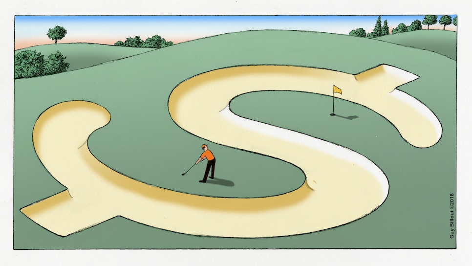 A golf player inside a sand trap in the shape of the dollar sign