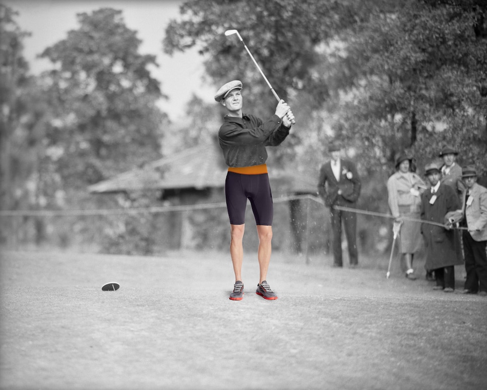 (Original Caption) 11/19/36-Pinehurst, North Carolina: Jimmy DeMaret, of Houston, Texas, driving from the 17th green in his match with Tony Manero, of Greensboro, N. Carolina, in the opening round of the Professional Golf Association Championship at Pinehurst, N. Carolina, Nov. 18. Manero won, 1 up (23 holes).