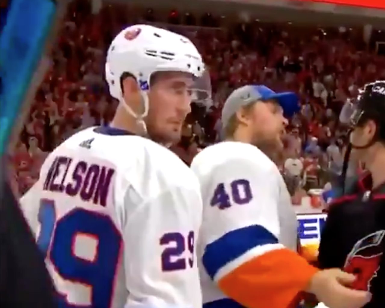 During the handshake line, Dougie Hamilton gives Brock Nelson a