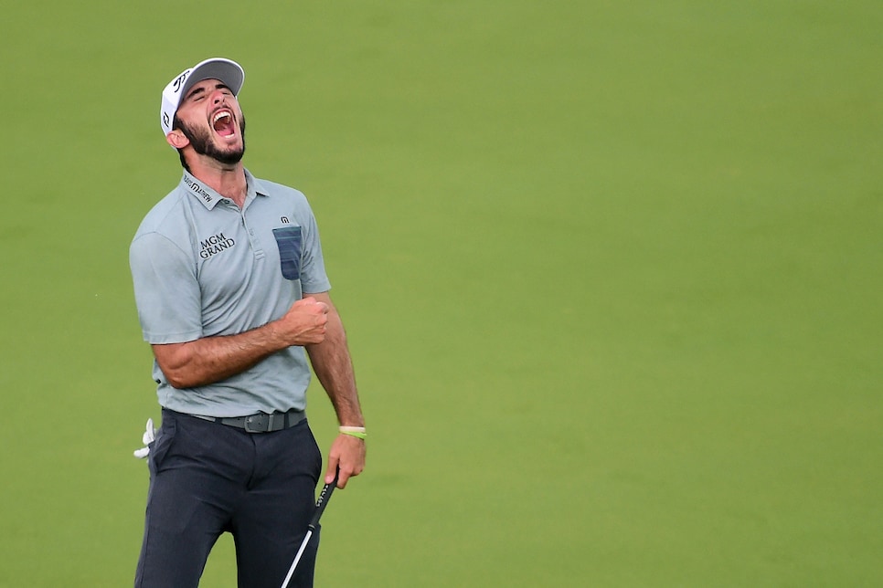 CHARLOTTE, NORTH CAROLINA - MAY 05: Max Homa celebrates on the 18th green after making his par putt to win the 2019 Wells Fargo Championship at Quail Hollow Club on May 05, 2019 in Charlotte, North Carolina. (Photo by Jared C. Tilton/Getty Images)