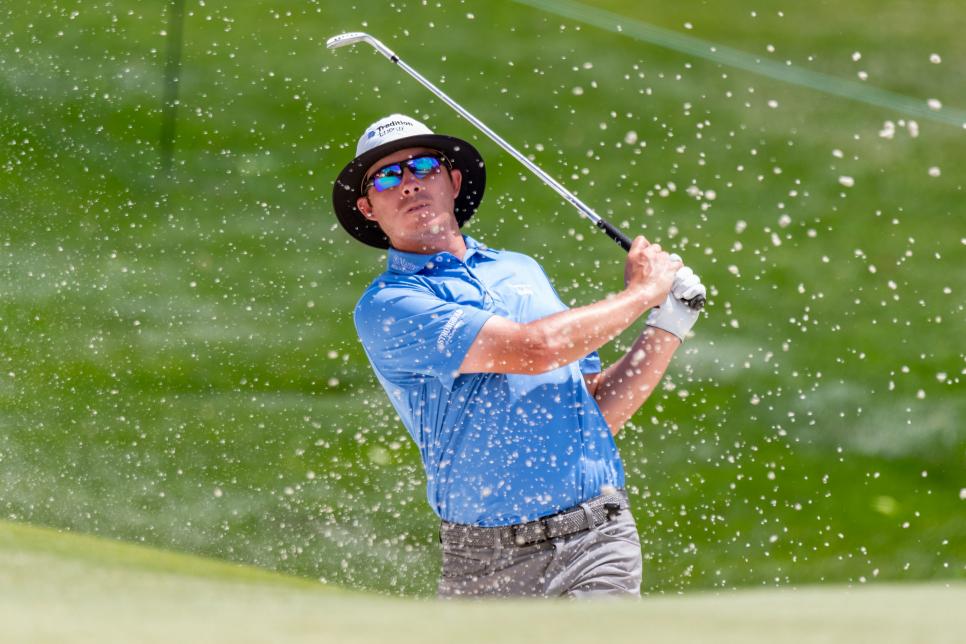 CHARLOTTE, NC - MAY 04: Joel Dahmen hits from the sand on the 3td hole during the third round of the Wells Fargo Championship at Quail Hollow on May 4, 2019 in Charlotte, NC. (Photo by William Howard/Icon Sportswire via Getty Images)