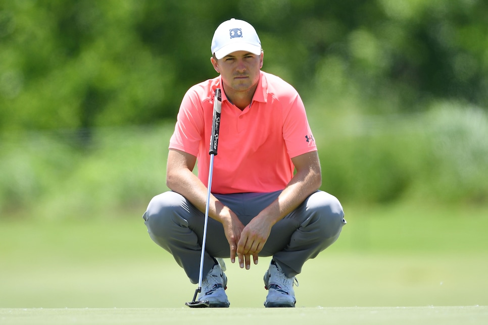 DALLAS, TEXAS - MAY 12: Jordan Spieth of the United States looks over a putt on the third green during the final round of the AT&T Byron Nelson at Trinity Forest Golf Club on May 12, 2019 in Dallas, Texas. (Photo by Stuart Franklin/Getty Images)