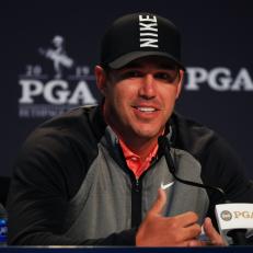 BETHPAGE, NEW YORK - MAY 14: Brooks Koepka of the United States speaks with the media during a press conference prior to the 2019 PGA Championship at the Bethpage Black course on May 14, 2019 in Bethpage, New York. (Photo by Mike Ehrmann/Getty Images)