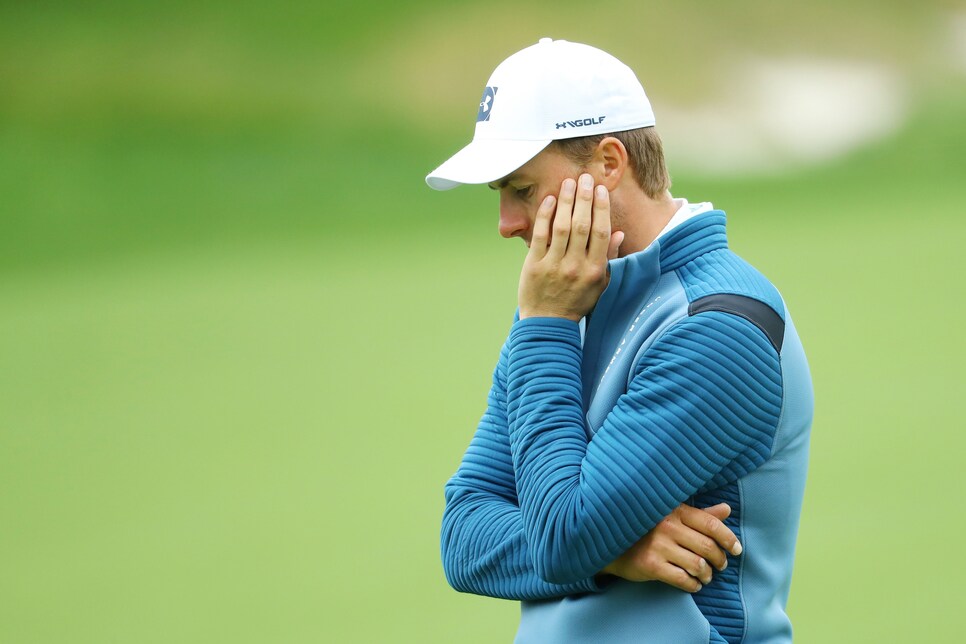 BETHPAGE, NEW YORK - MAY 14: Jordan Spieth of the United States looks on during a practice round prior to the 2019 PGA Championship at the Bethpage Black course on May 14, 2019 in Bethpage, New York. (Photo by Warren Little/Getty Images)