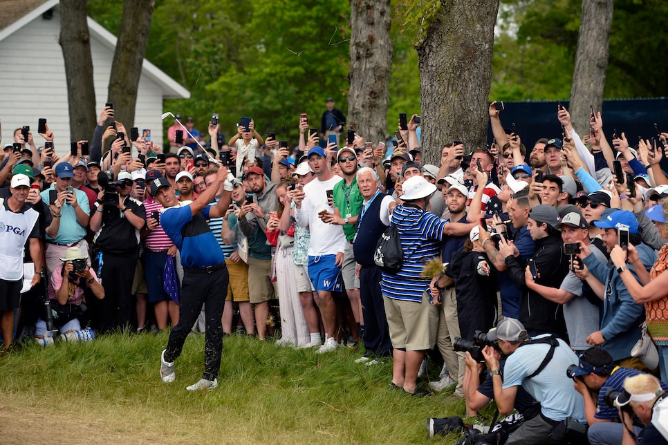 Brooks second shot on #13, would lead to third bogey in row during the final round of the 2019 PGA Championship held in Farmingdale, NY at Bethpage Black on Sunday, May 19, 2019.