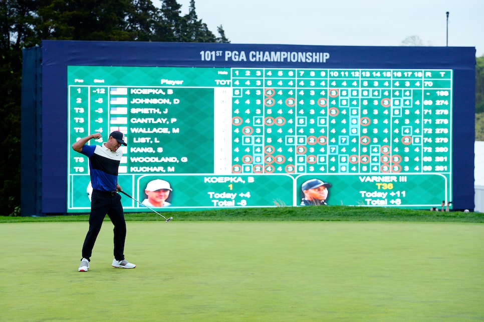 Brooks winning putt on #18 during the final round of the 2019 PGA Championship held in Farmingdale, NY at Bethpage Black on Sunday, May 19, 2019.