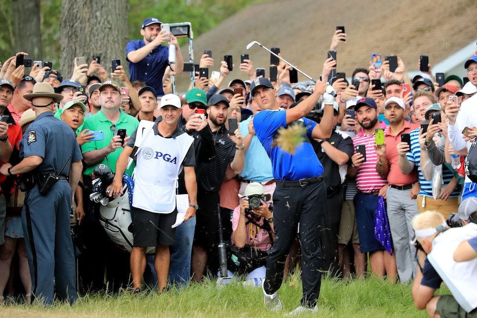 FARMINGDALE, NEW YORK - MAY 19: Brooks Koepka of the United States plays his second shot on the par 5, 13th hole during the final round of the 2019 PGA Championship on the Black Course at Bethpage State Park on May 19, 2019 in Farmingdale, New York. (Photo by David Cannon/Getty Images)