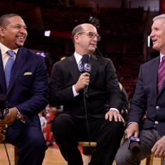 HOUSTON, TX - MAY 11:  NBA TNT Analysts, Mark Jackson, Jeff Van Gundy and Mike Breen are seen before Game Six of the Western Conference Semifinals between the San Antonio Spurs and the Houston Rockets during the 2017 NBA Playoffs on May 11, 2017 at the Toyota Center in Houston, Texas. NOTE TO USER: User expressly acknowledges and agrees that, by downloading and or using this photograph, User is consenting to the terms and conditions of the Getty Images License Agreement. Mandatory Copyright Notice: Copyright 2017 NBAE (Photo by David Dow/NBAE via Getty Images)
