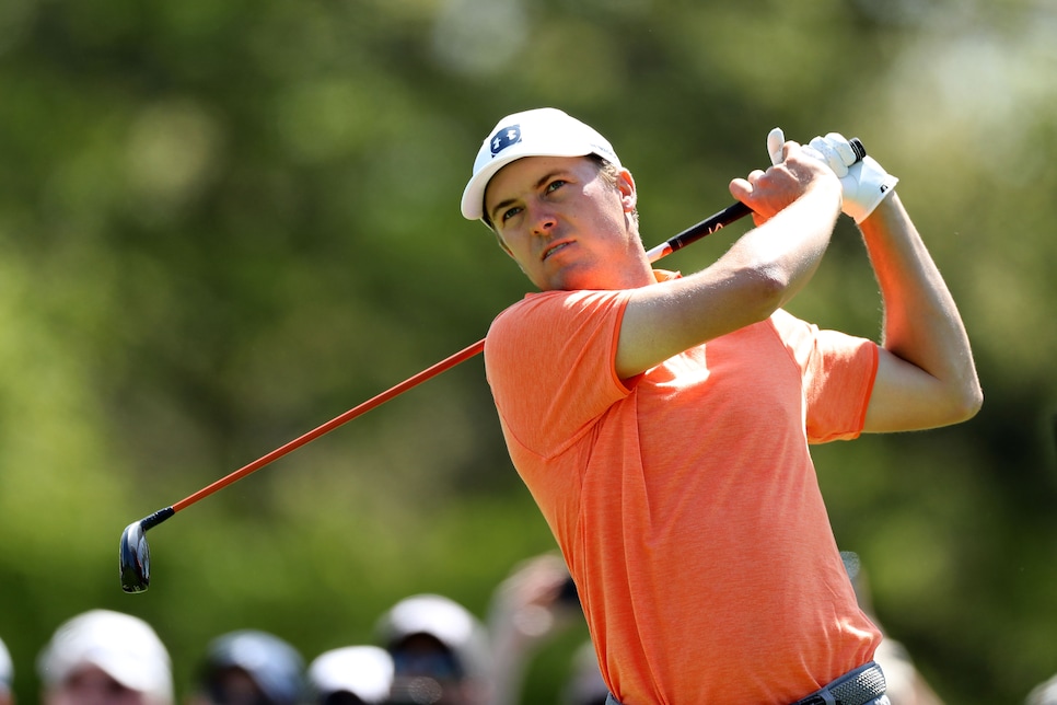 FARMINGDALE, NEW YORK - MAY 18: Jordan Spieth of the United States plays his tee shot on the second hole during the third round of the 2019 PGA Championship on the Black Course at Bethpage State Park on May 18, 2019 in Farmingdale, New York. (Photo by David Cannon/Getty Images)