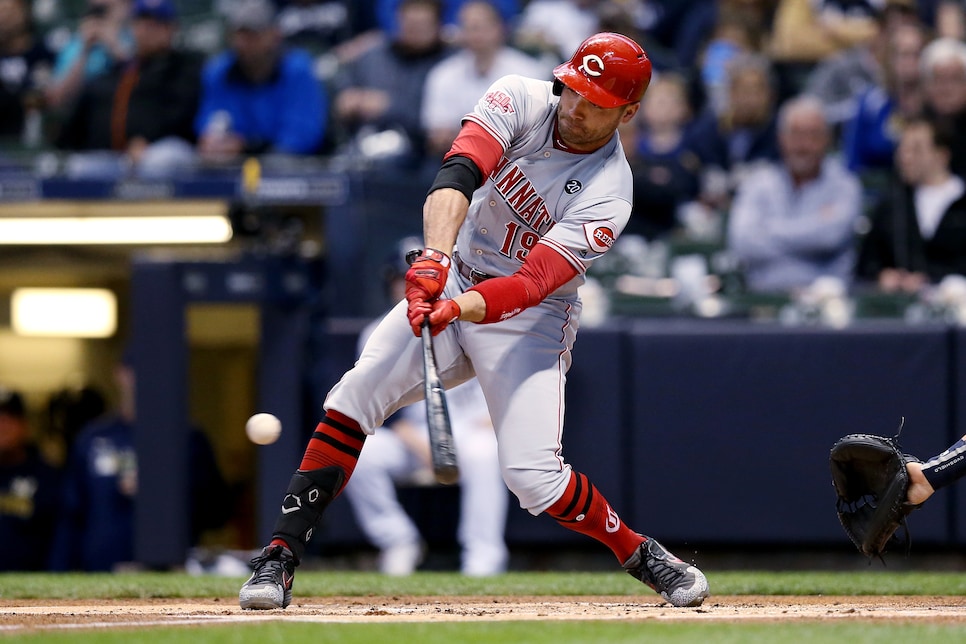 MILWAUKEE, WI - JULY 25: Cincinnati Reds Infielder Joey Votto (19) looks on  from the dugout during a MLB game between the Milwaukee Brewers and  Cincinnati Reds on July 25, 2023, at