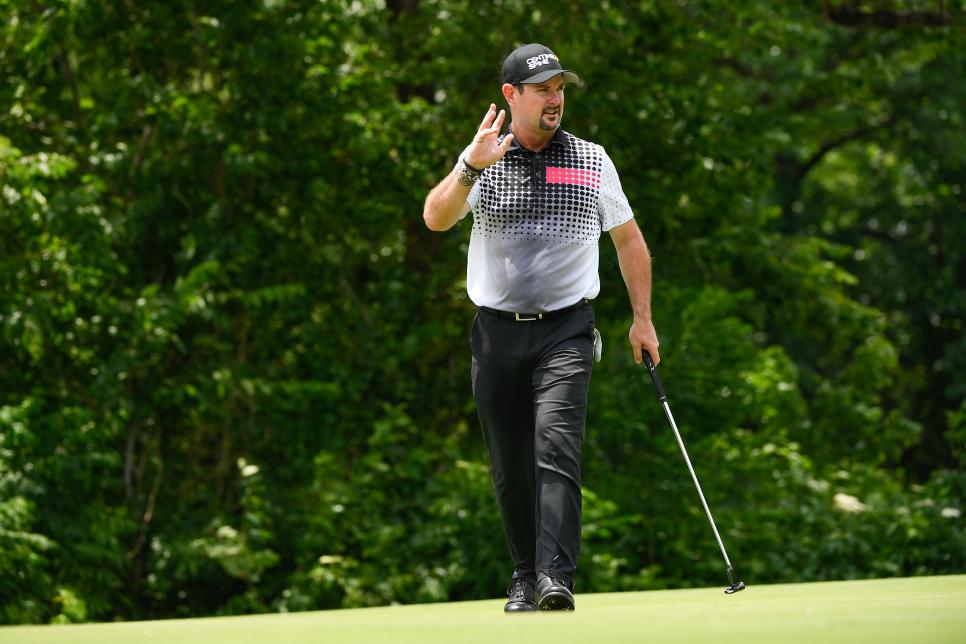 FORT WORTH, TX - MAY 25: Rory Sabbatini of Slovakia waves to fans after making a putt on the seventh green during the third round of the Charles Schwab Challenge at Colonial Country Club on May 25, 2019 in Fort Worth, Texas. (Photo by Ben Jared/PGA TOUR)