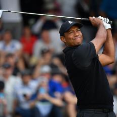 FARMINGDALE, NEW YORK - MAY 17: Tiger Woods of the United States plays his shot from the 17th tee during the second round of the 2019 PGA Championship at the Bethpage Black course on May 17, 2019 in Farmingdale, New York. (Photo by Stuart Franklin/Getty Images)
