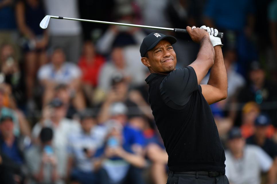 FARMINGDALE, NEW YORK - MAY 17: Tiger Woods of the United States plays his shot from the 17th tee during the second round of the 2019 PGA Championship at the Bethpage Black course on May 17, 2019 in Farmingdale, New York. (Photo by Stuart Franklin/Getty Images)