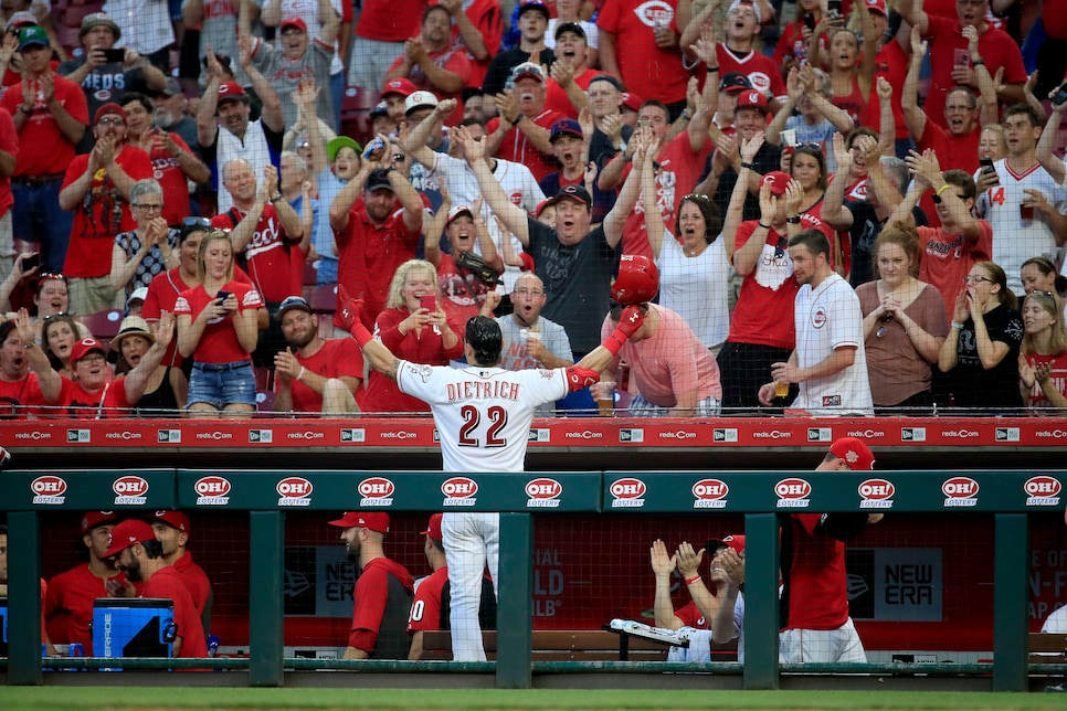 Dietrich sports eye-black mustache in Reds' throwbacks