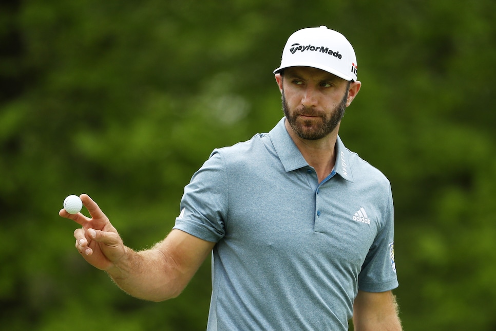 FARMINGDALE, NEW YORK - MAY 19: Dustin Johnson of the United States reacts to his putt on the third green during the final round of the 2019 PGA Championship at the Bethpage Black course on May 19, 2019 in Farmingdale, New York. (Photo by Patrick Smith/Getty Images)