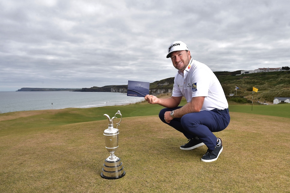 PORTRUSH, NORTHERN IRELAND - JULY 09: Graeme McDowell, Major Champion and Mastercard Global Ambassador, returned to Royal Portrush Golf Club to mark the going on sale of the first tickets to The 148th Open which will be held at the famous links from 14-21 July 2019 on July 9, 2018 in Portrush, Northern Ireland. Tickets are on sale through The One Club which is a free to join membership programme. Visit TheOpen.com/PortrushTickets for more information and save £5 on your order when paying with a Mastercard. (Photo by Charles McQuillan/R&A/R&A via Getty Images)