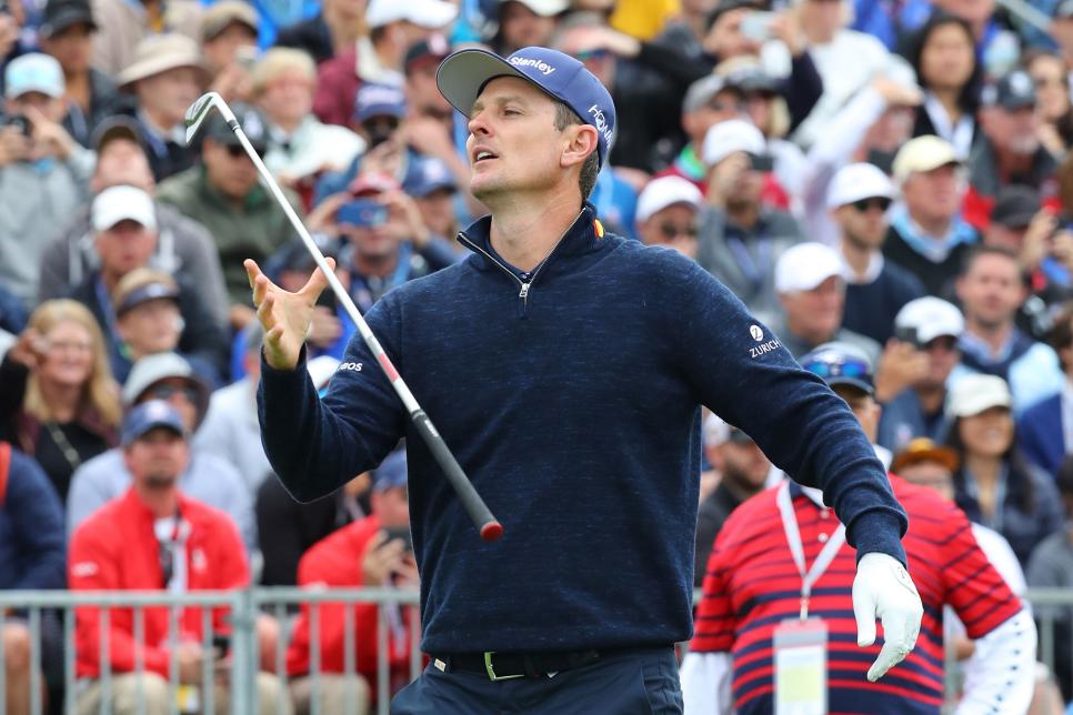 PEBBLE BEACH, CALIFORNIA - JUNE 14: Justin Rose of England reacts to a tee shot on the 17th hole during the second round of the 2019 U.S. Open at Pebble Beach Golf Links on June 14, 2019 in Pebble Beach, California. (Photo by Warren Little/Getty Images)